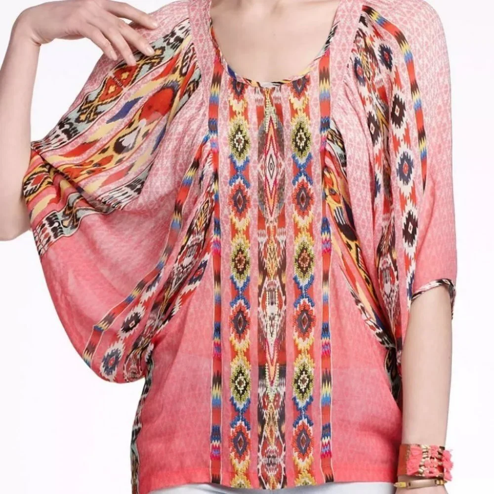 Anthropologie Tanvi Kedia Shivali Doman Sleeve‎ Top Pink Size XS Bohemian Boho - Picture 2 of 11